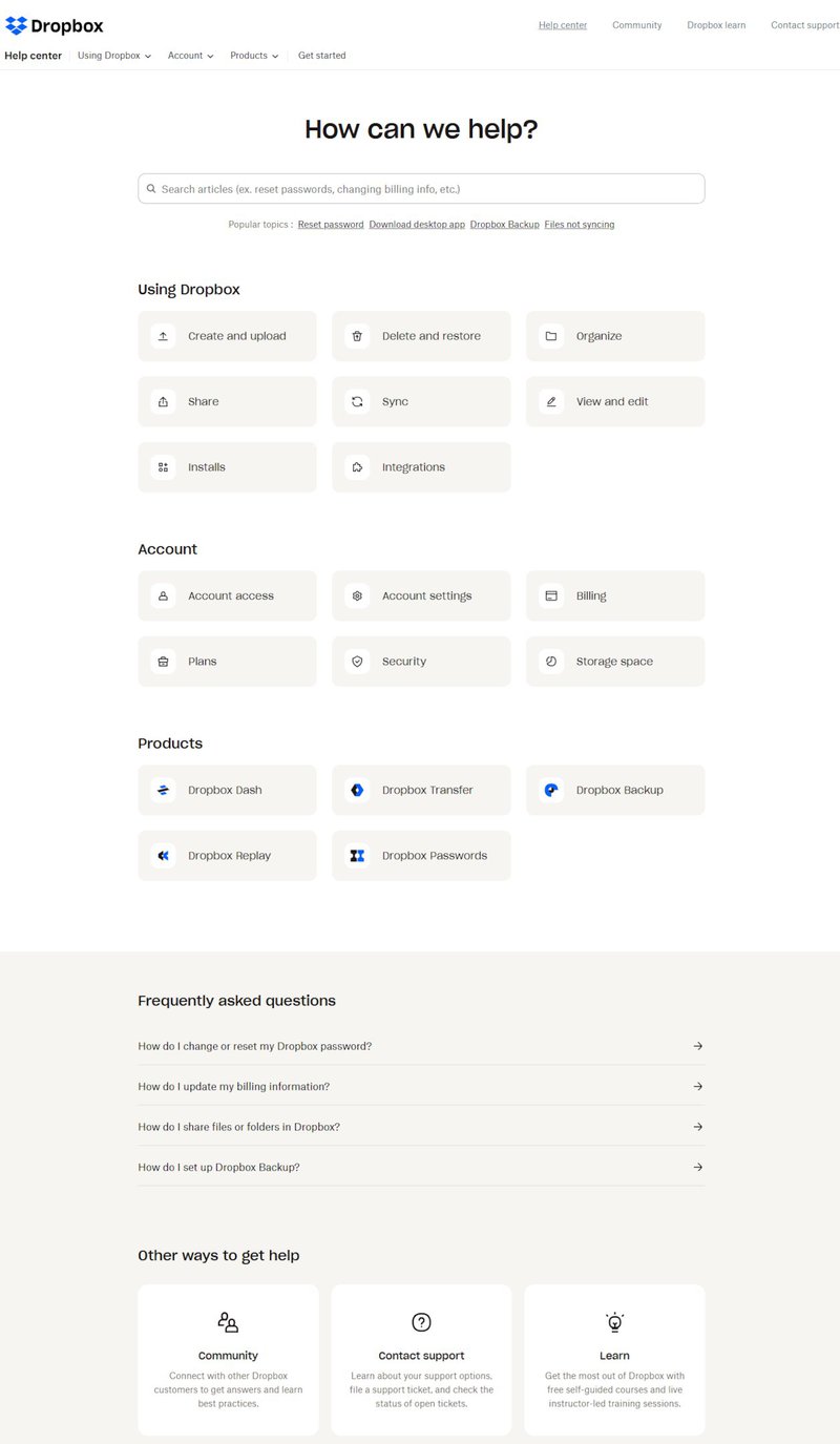 Dropbox help center design