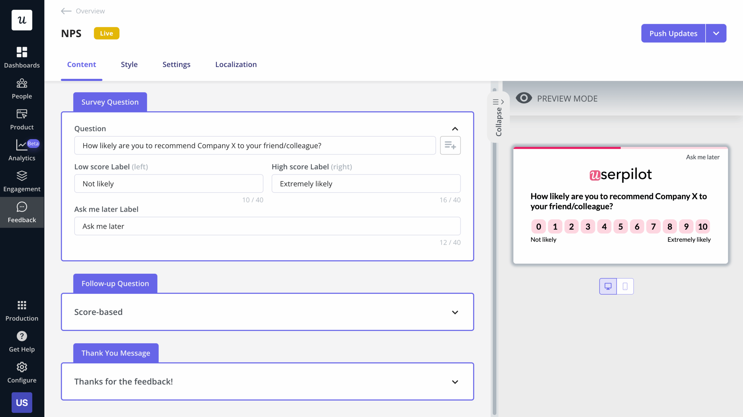NPS survey created in Userpilot