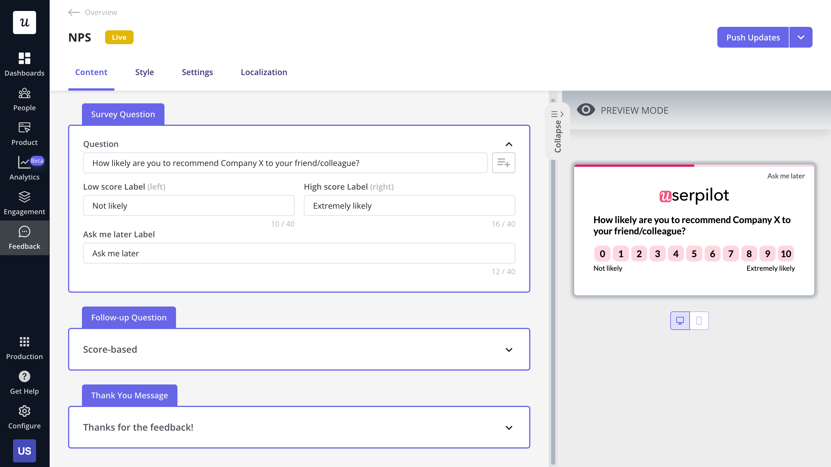 NPS survey created in Userpilot