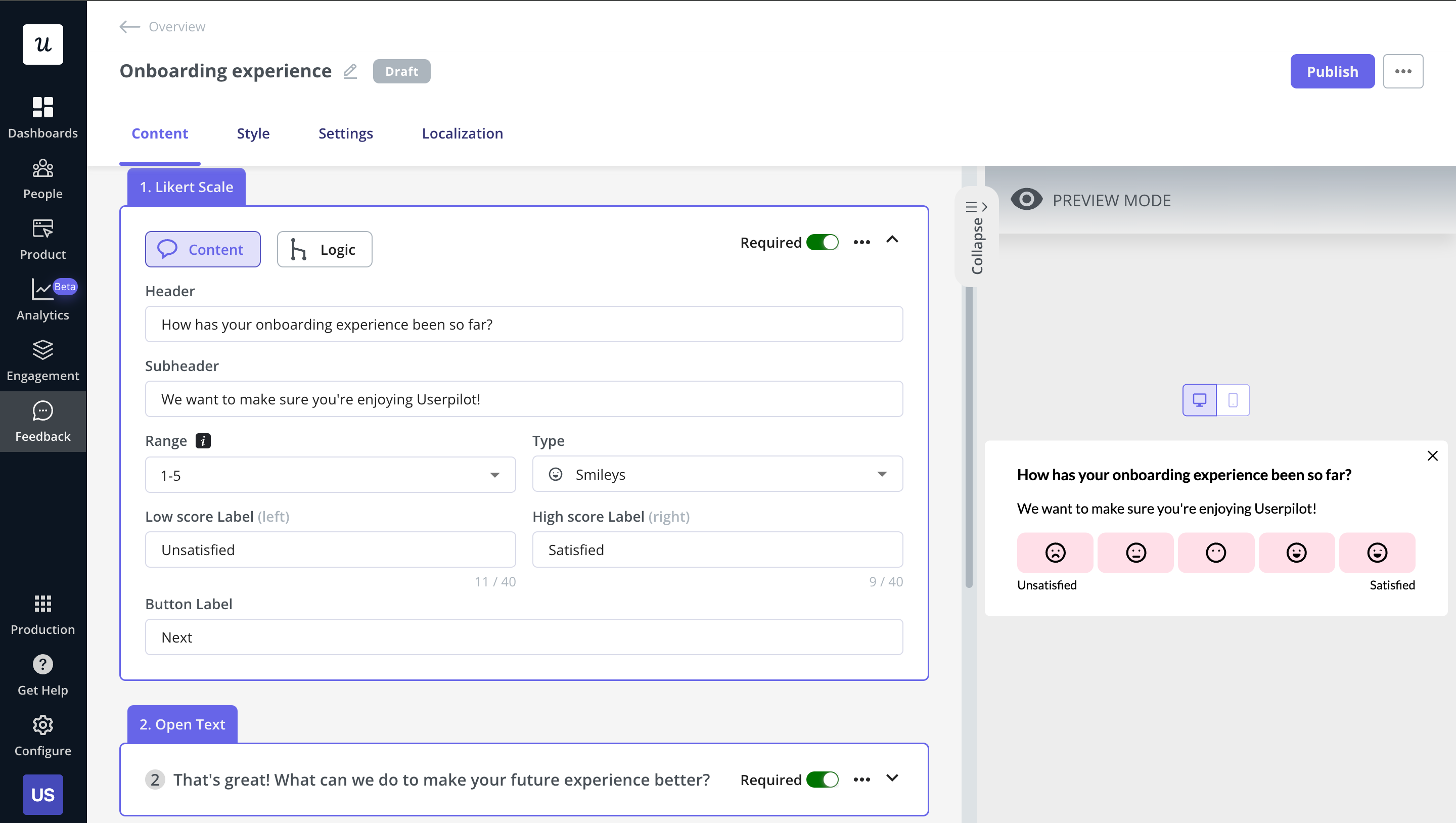 In-app survey created in Userpilot.