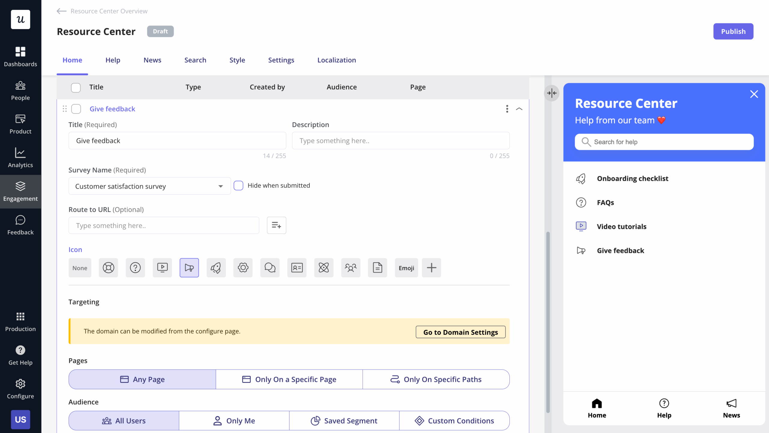 Adding surveys to the resource center