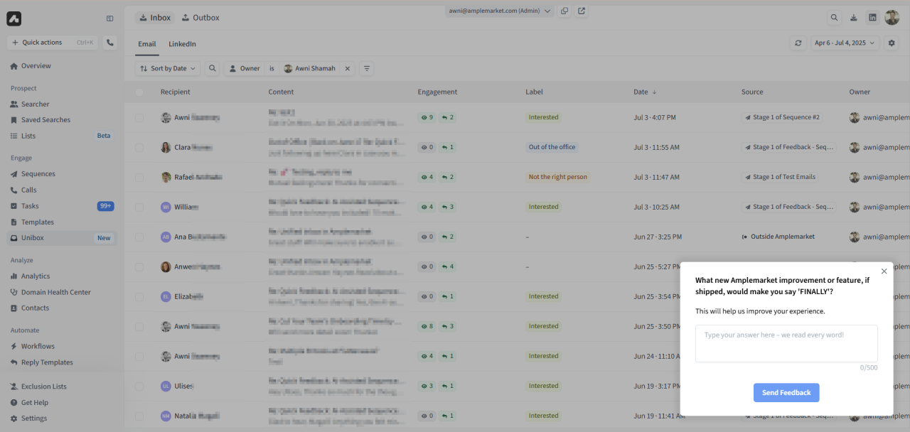 Microsurvey collecting feature ideas in Amplemarket