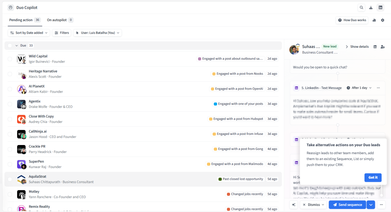 Tooltip in Amplemarket app educating users on Duo Copilot feature