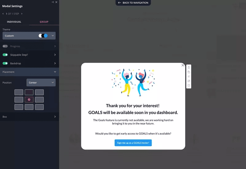 A modal explaining the purpose of the fake door test. An imaginary example in Asana.