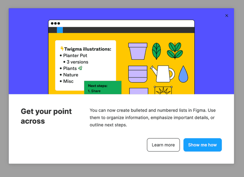 Figma feature announcement in-app messaging