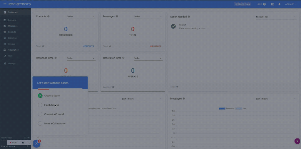 Rocketbots user onboarding in-app messaging