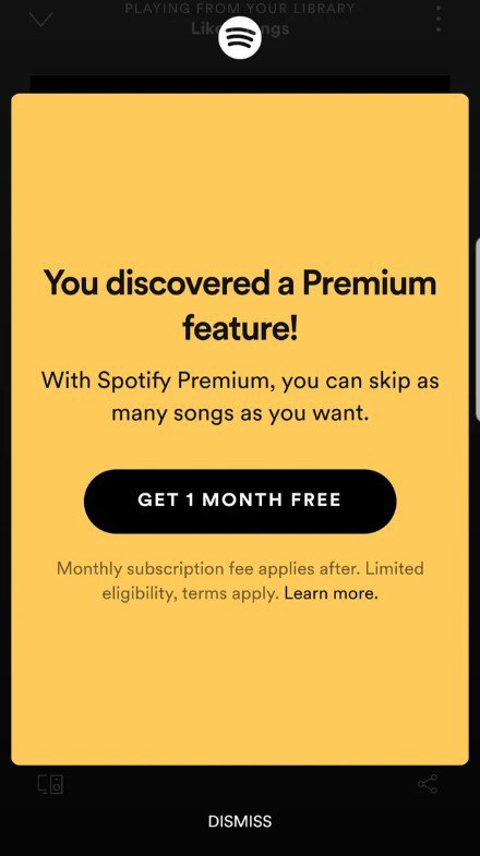 Spotify Premium in-app messaging upsell
