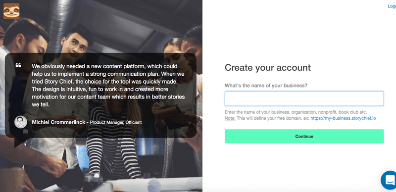 StoryChief's sign up page 
