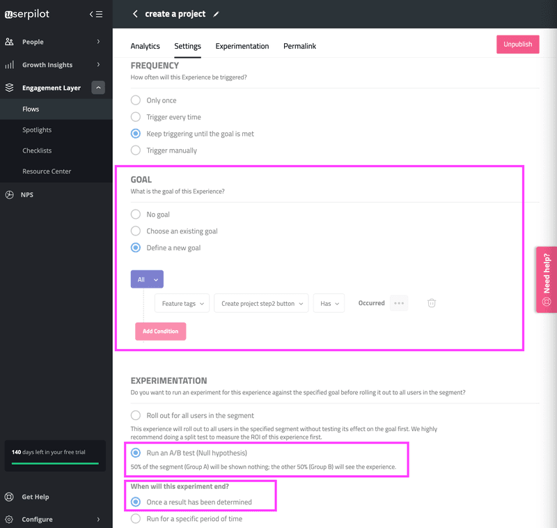 Userpilot A/B testing dashboard