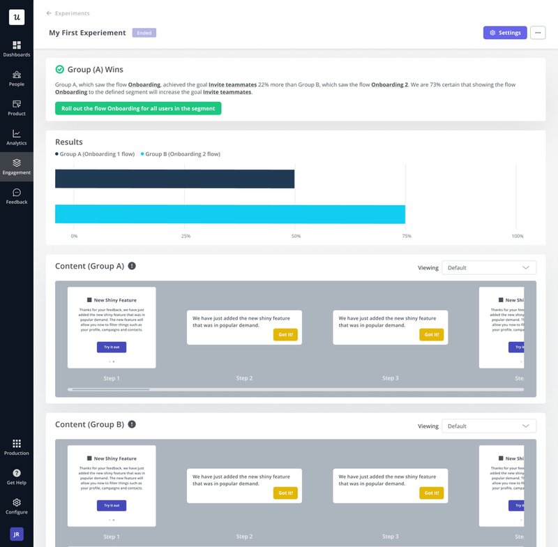 An example of A/B testing results page in Userpilot