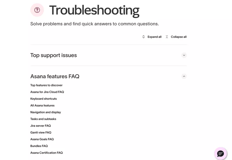 Self-service support types: Asana’s FAQ page