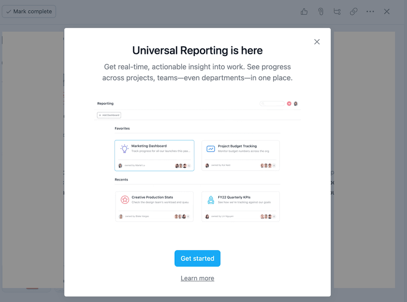 New feature modal example from Asana.