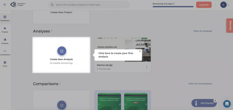A contextual tooltip nudges users toward creating their first analysis, reinforcing the checklist and driving immediate action.