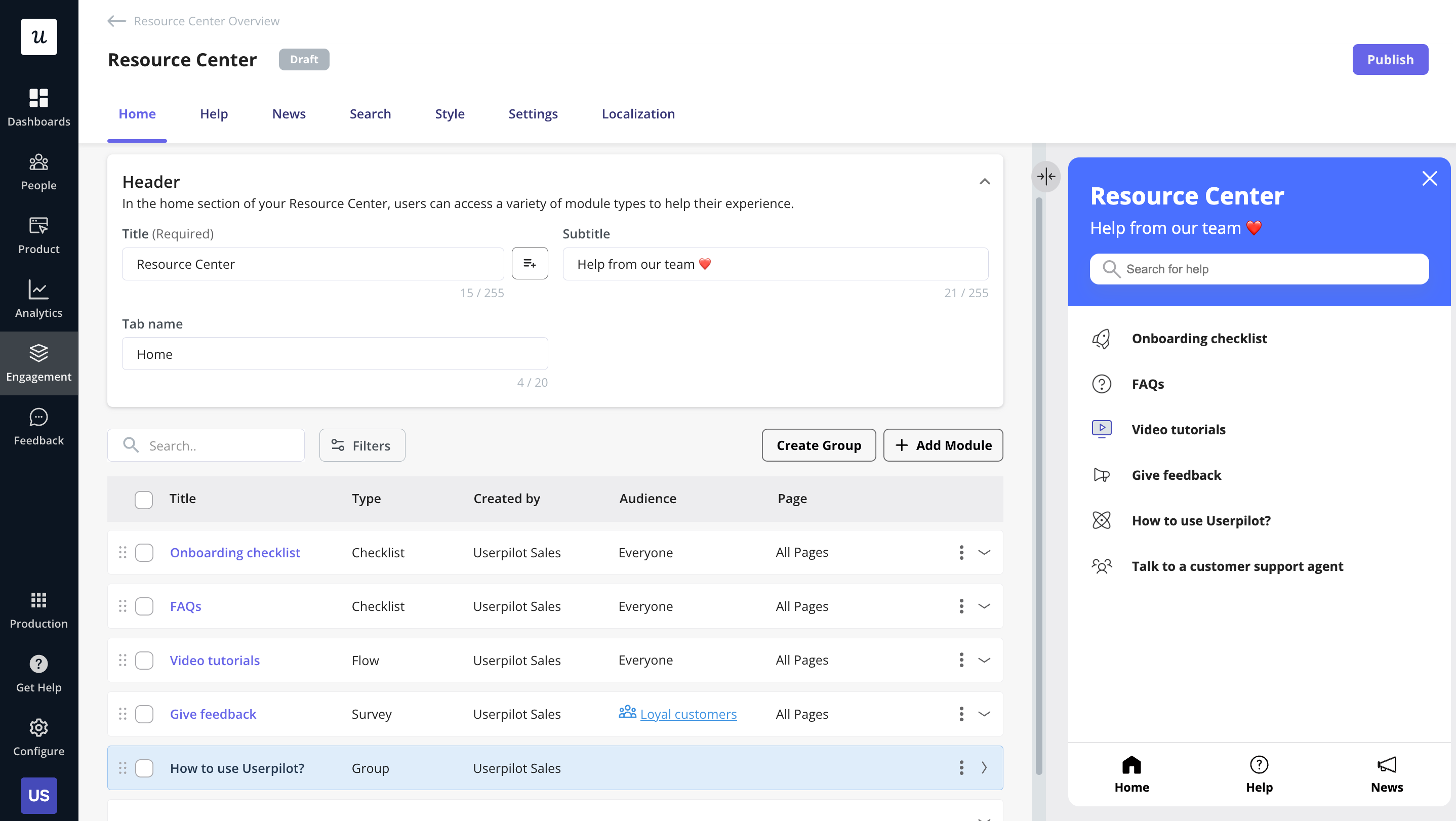 Userpilot resource center editor 