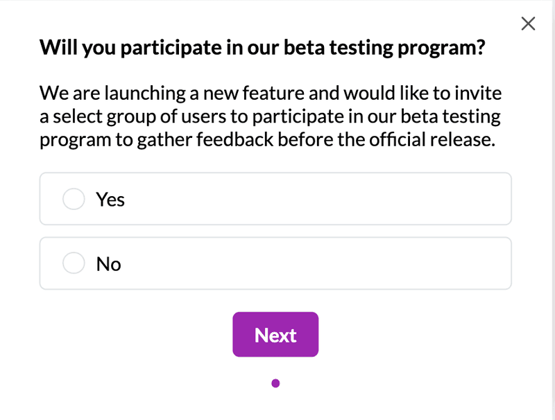 Beta testing form created in Userpilot
