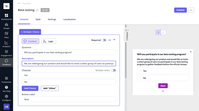 User segmentation example in Userpilot: positive feedback providers.