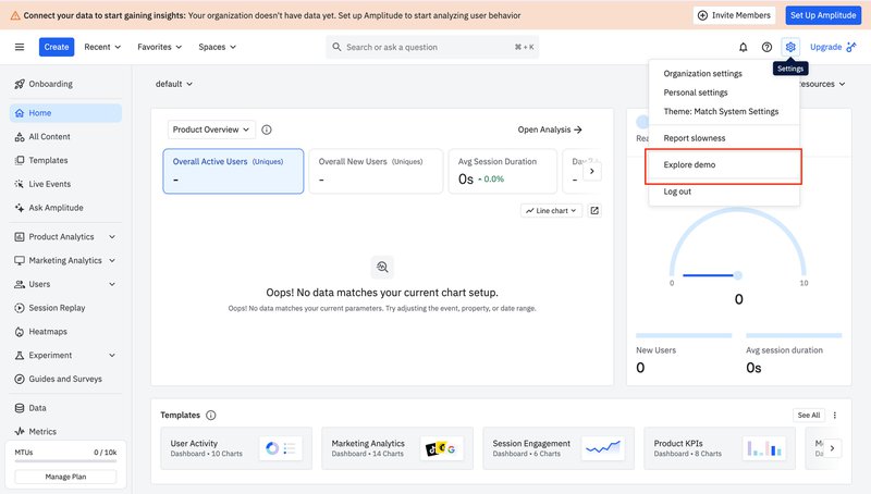 empty dashboard in amplitude