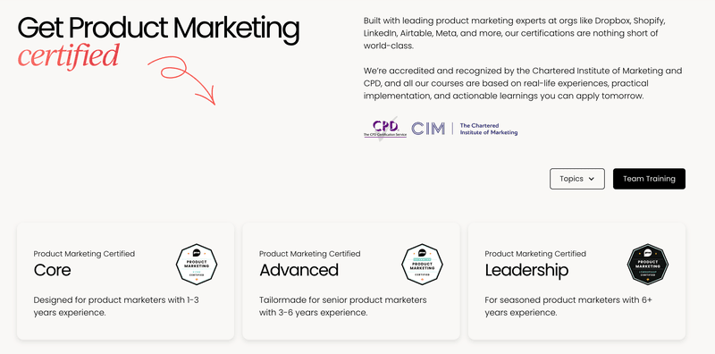 PMA offers accredited certifications for product marketers at beginner, mid, and senior levels.