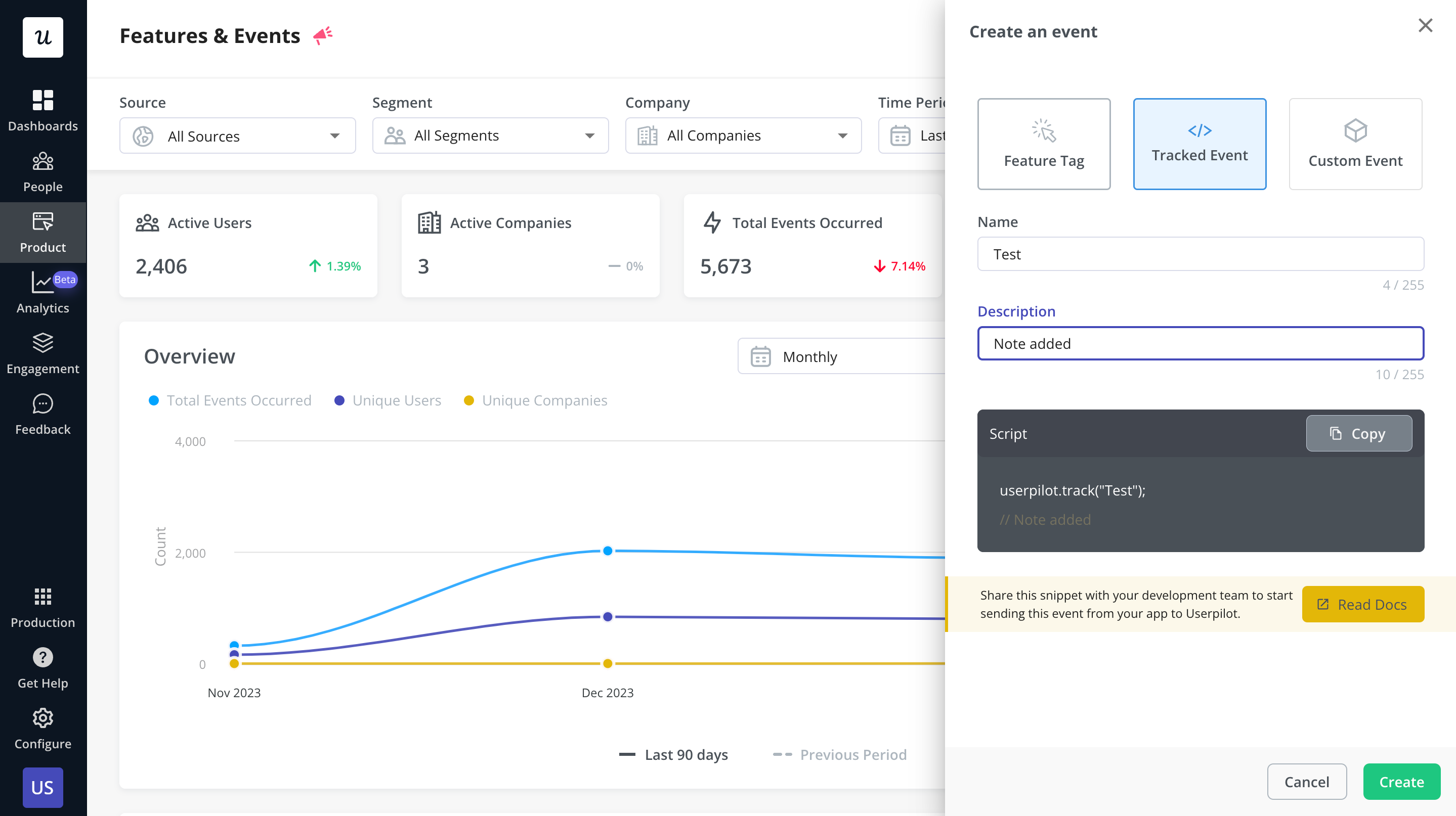 Tracked events in Userpilot. 