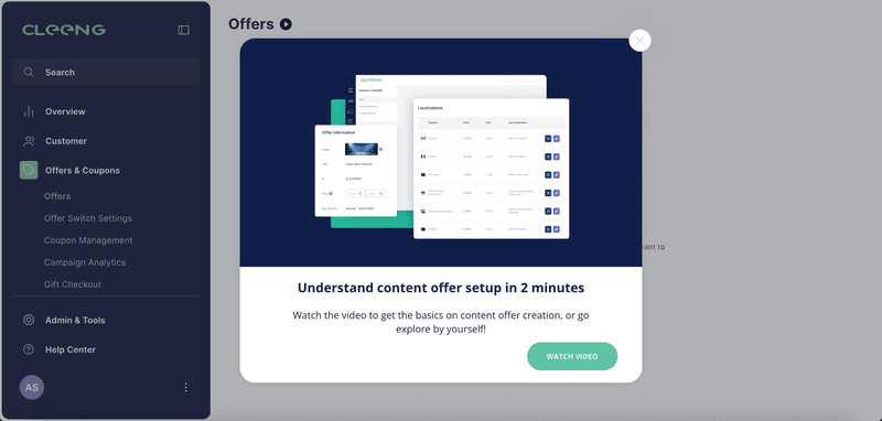 A modal with CTA leading to an educational video on “Offers and Coupons” functionality.