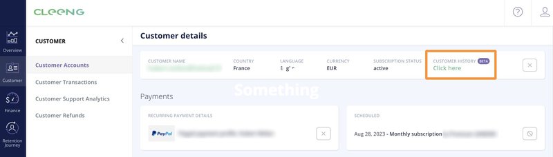original placement of Cleeng's customer history dashboard