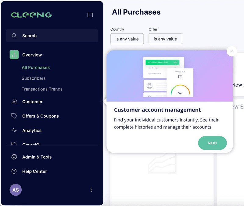 A tooltip explaining the key function of the “Customer” tab.