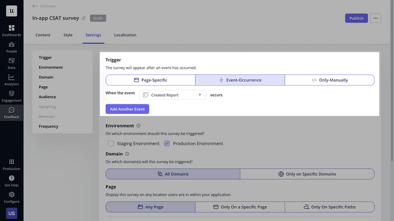 Userpilot allows event-based survey triggering