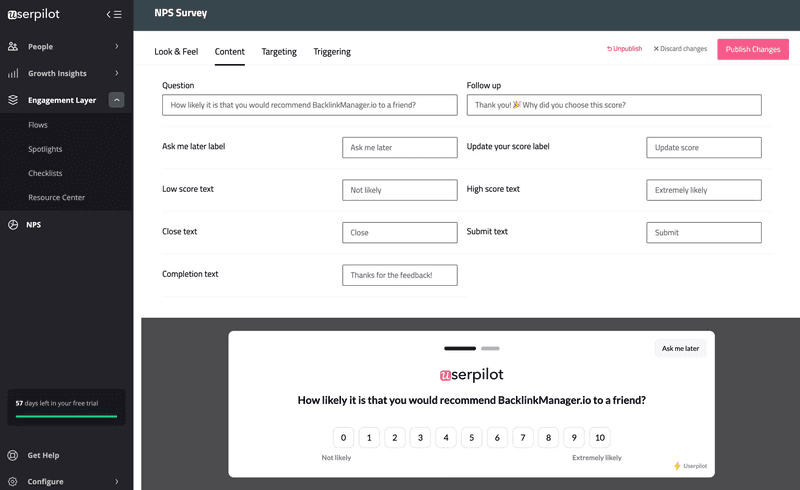 Create NPS Surveys Code-Free with Userpilot