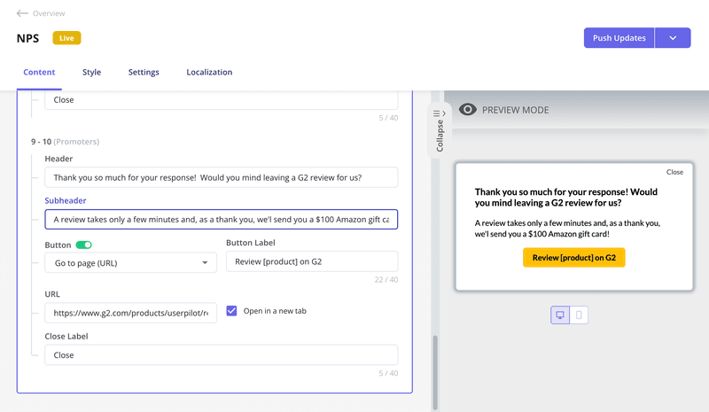 NPS survey builder on Userpilot