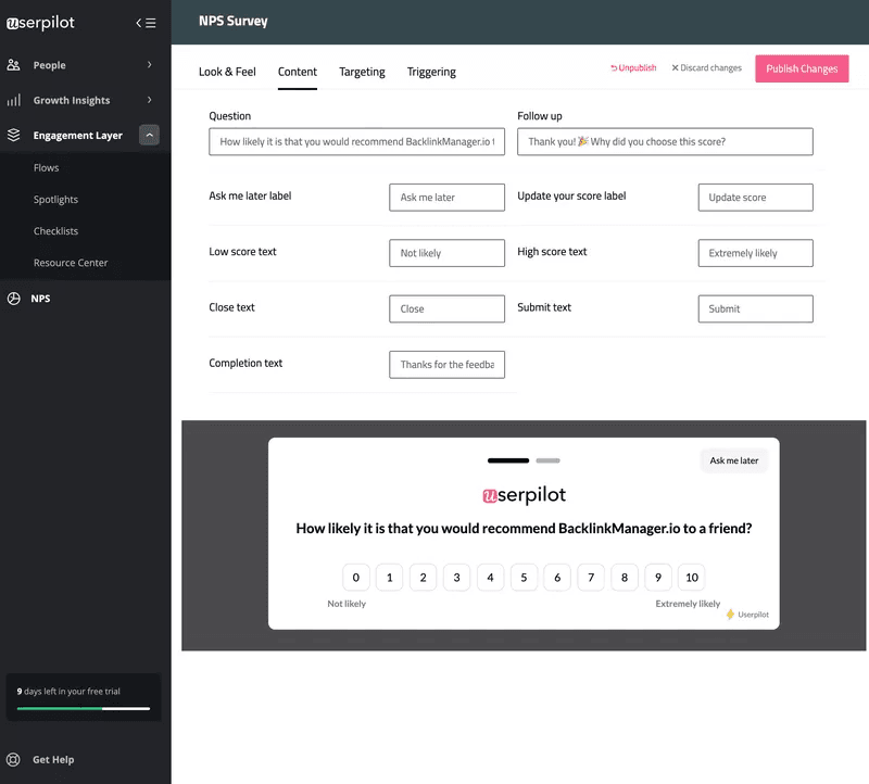 creating an nps survey in userpilot
