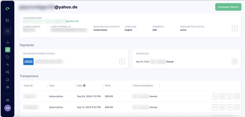 Cleeng’s Customer History dashboard button redesign