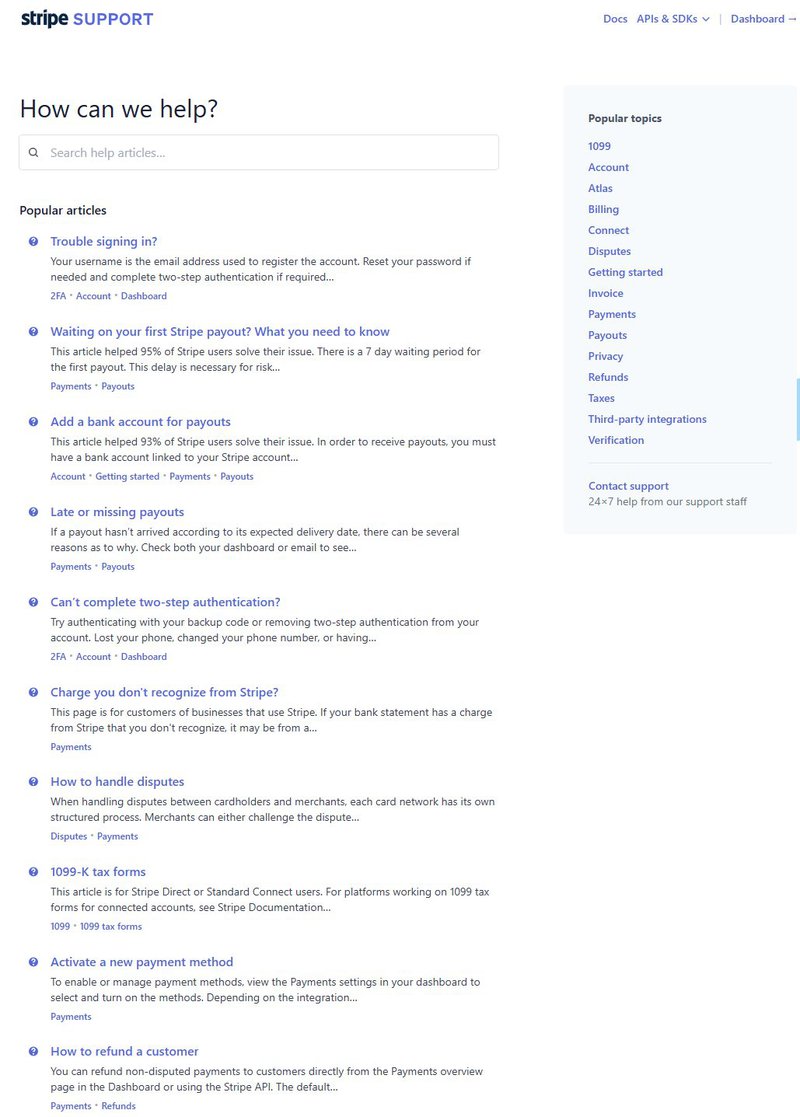 Stripe support page design