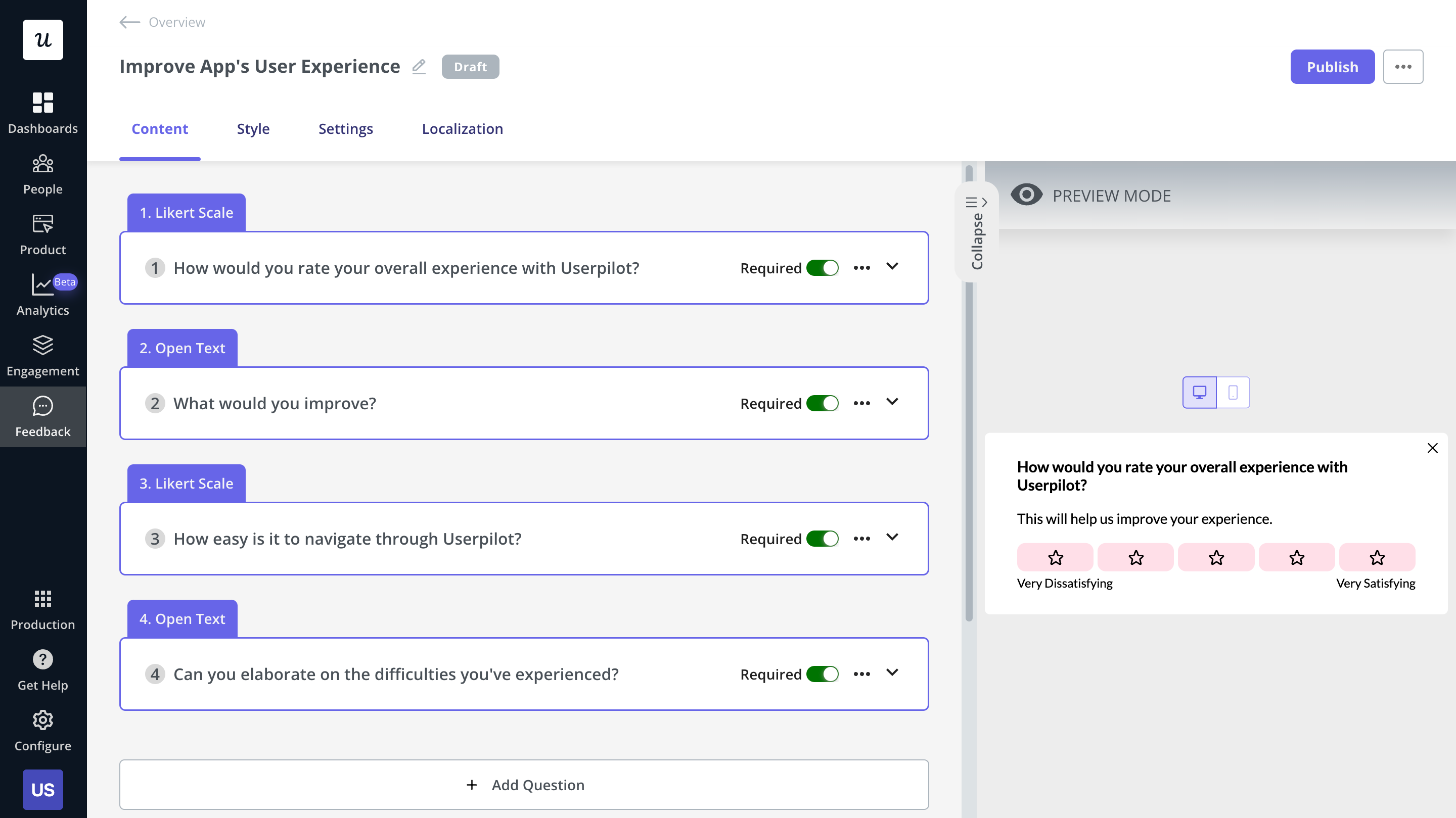 In-app survey created in Userpilot.