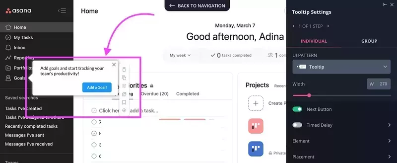 Screenshot of fake door test in Userpilot