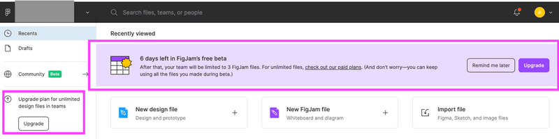 Figma skillfully blends in upsell notifications into the UI, which is one of good UX examples