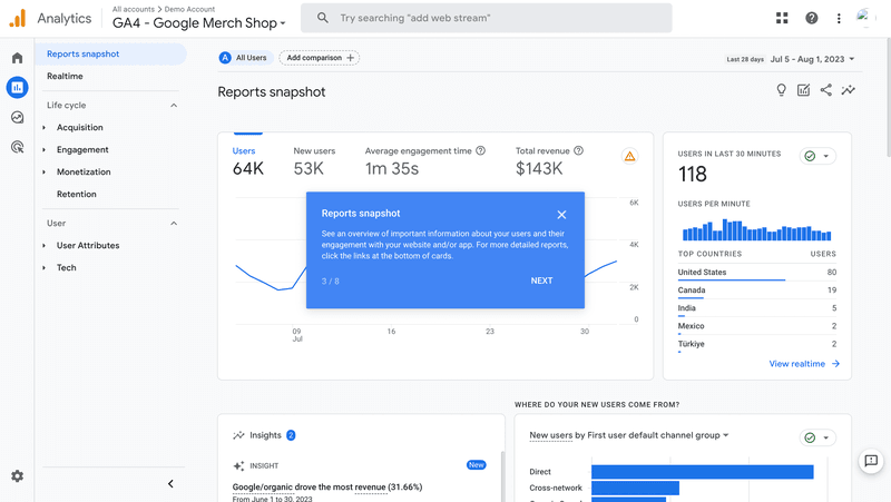 Google Analytics product tour