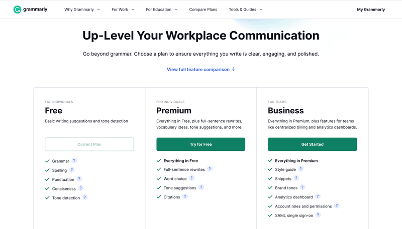 Grammarly freemium and premium pricing