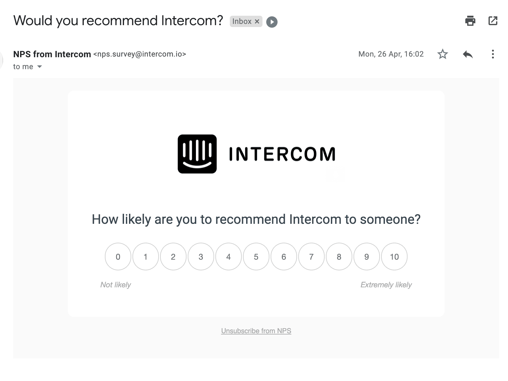 net promoter score (nps) survey e-mailed by intercom