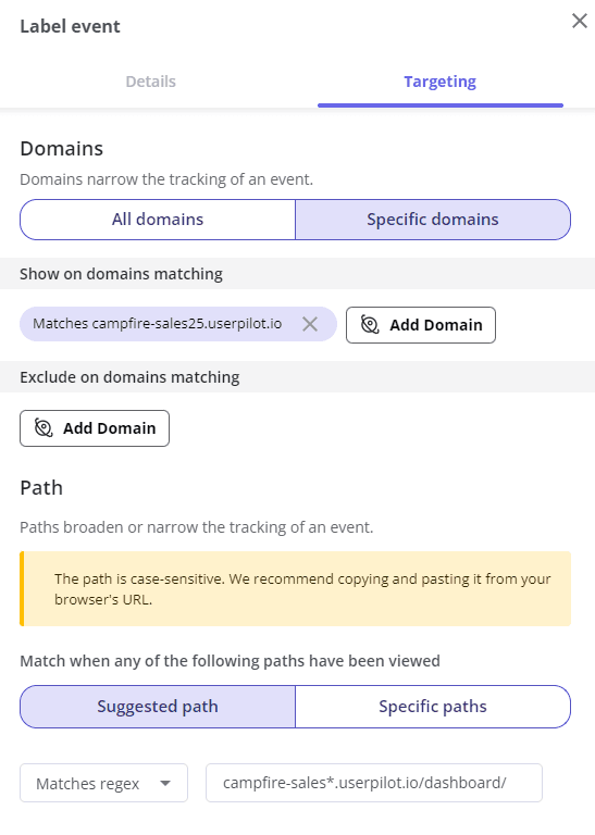 In the Targeting tab, you can define the event domain and path