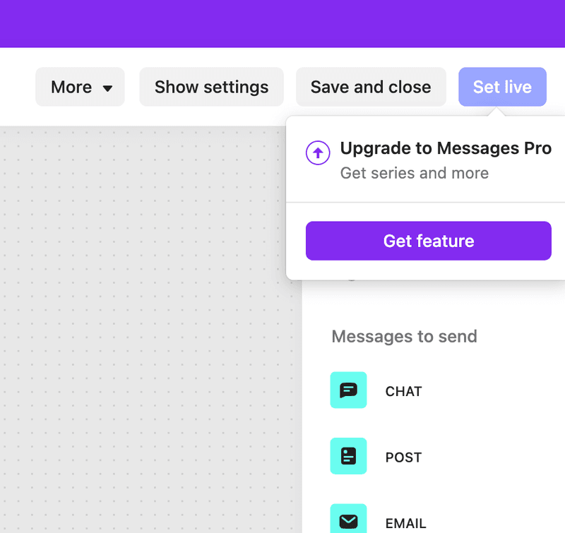 Screenshot of Intercom upgrade tooltip.