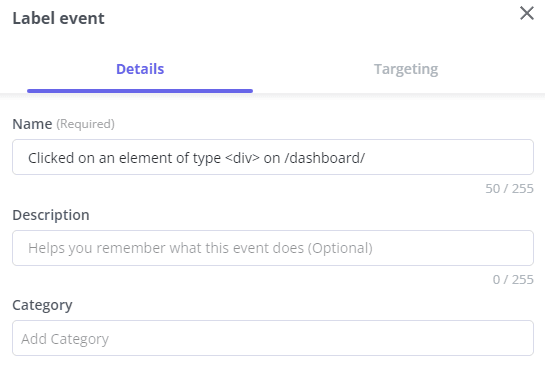 In the Details tab, you can edit the name, add a description and define event category.