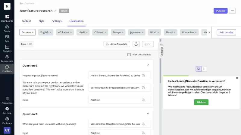 Survey translation in Userpilot