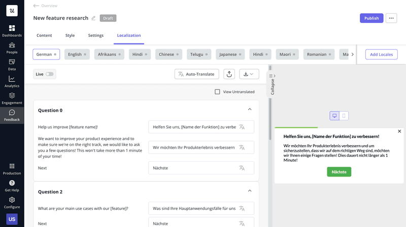 Survey translated in Userpilot to collect customer feedback from German speakers