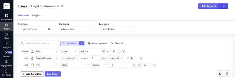 Set conditions for your loyal users segment in Userpilot.
