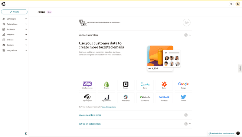 Mailchimp onboarding checklist homepage