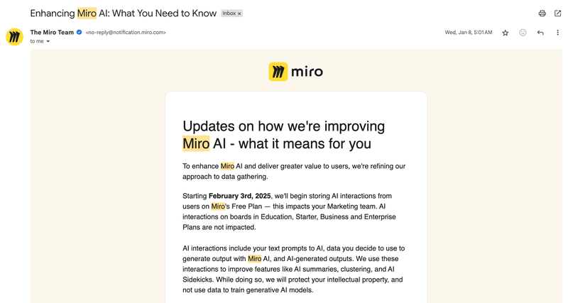 Miro builds trust by clearly communicating how AI data is used.