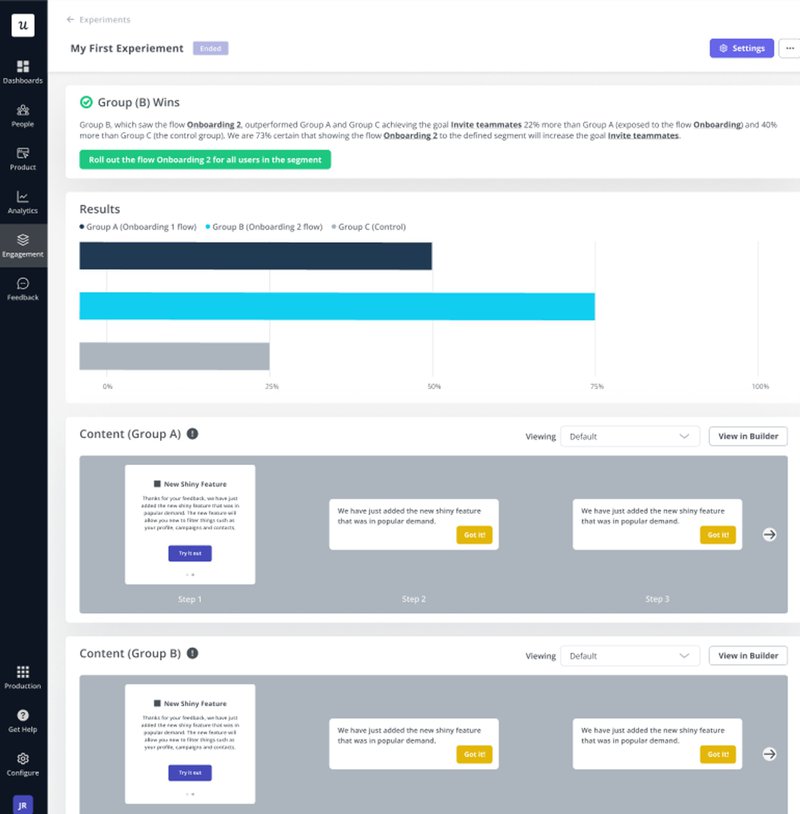 Screenshot of multivariate testing in Userpilot