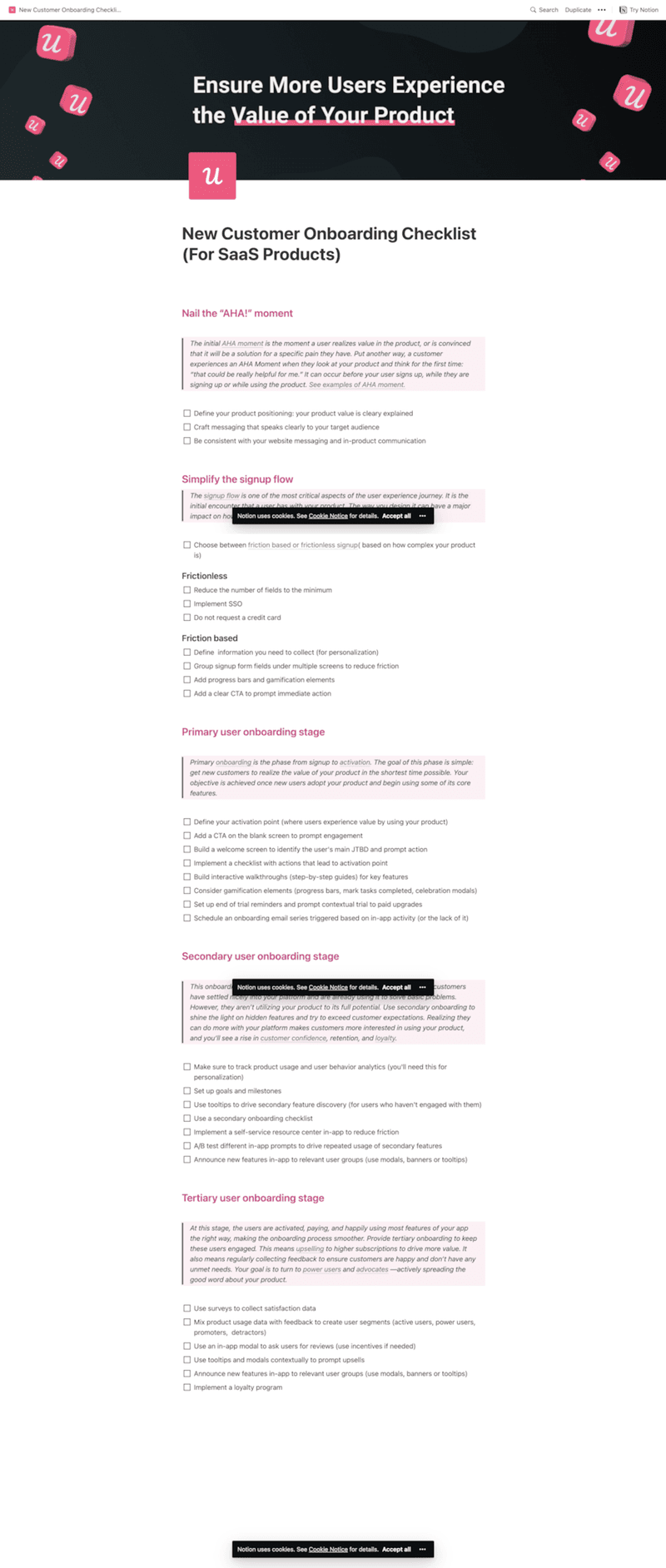 Visual of new customer onboarding checklist