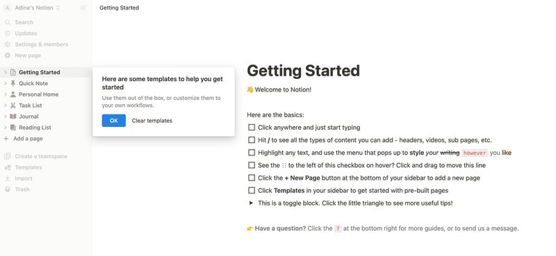 An example of how Notion uses checklists for new users
