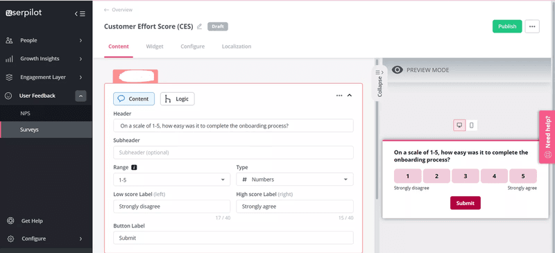 Numbered customer effort score rating